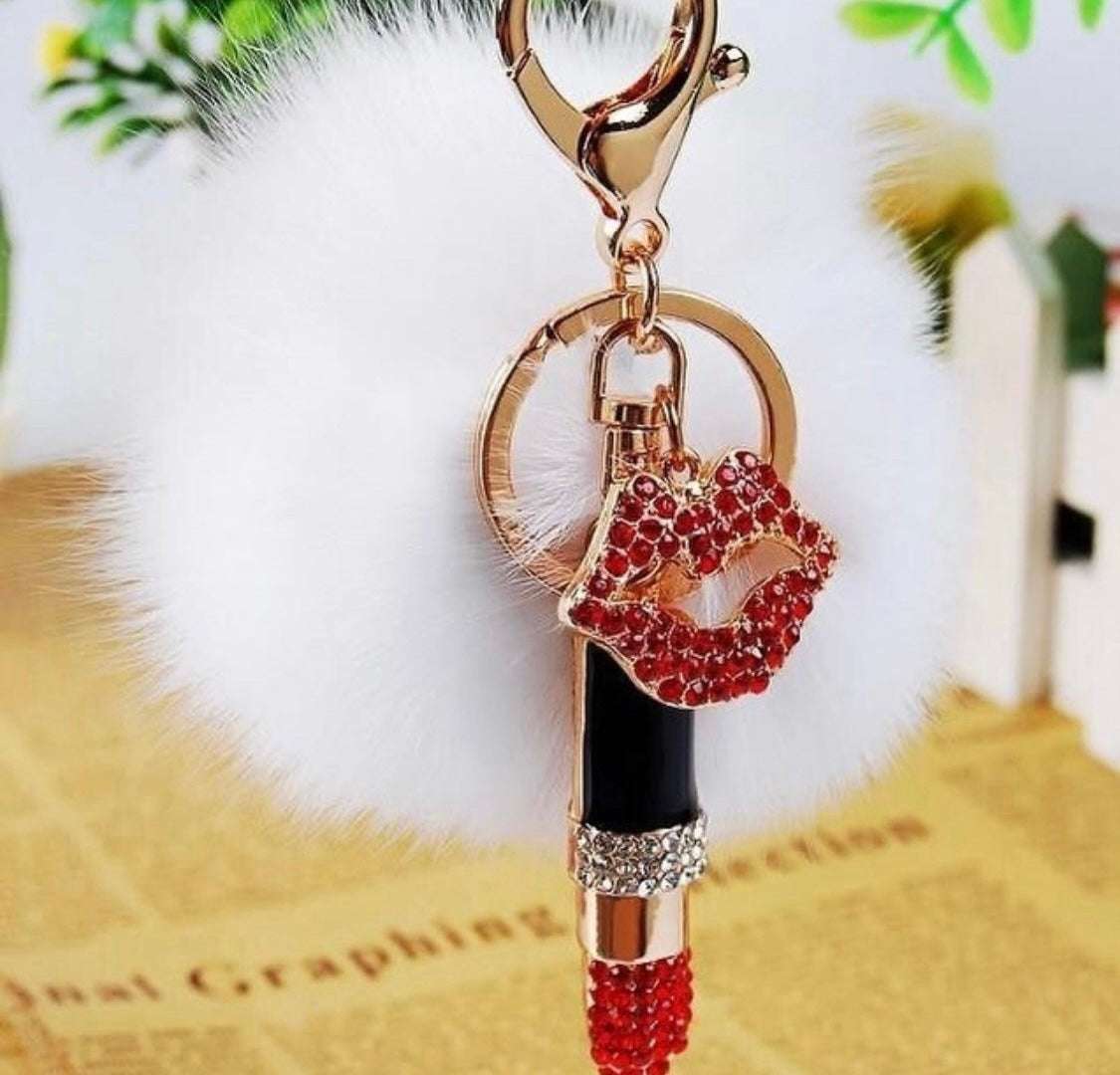 Lipstick pom pom bag charm