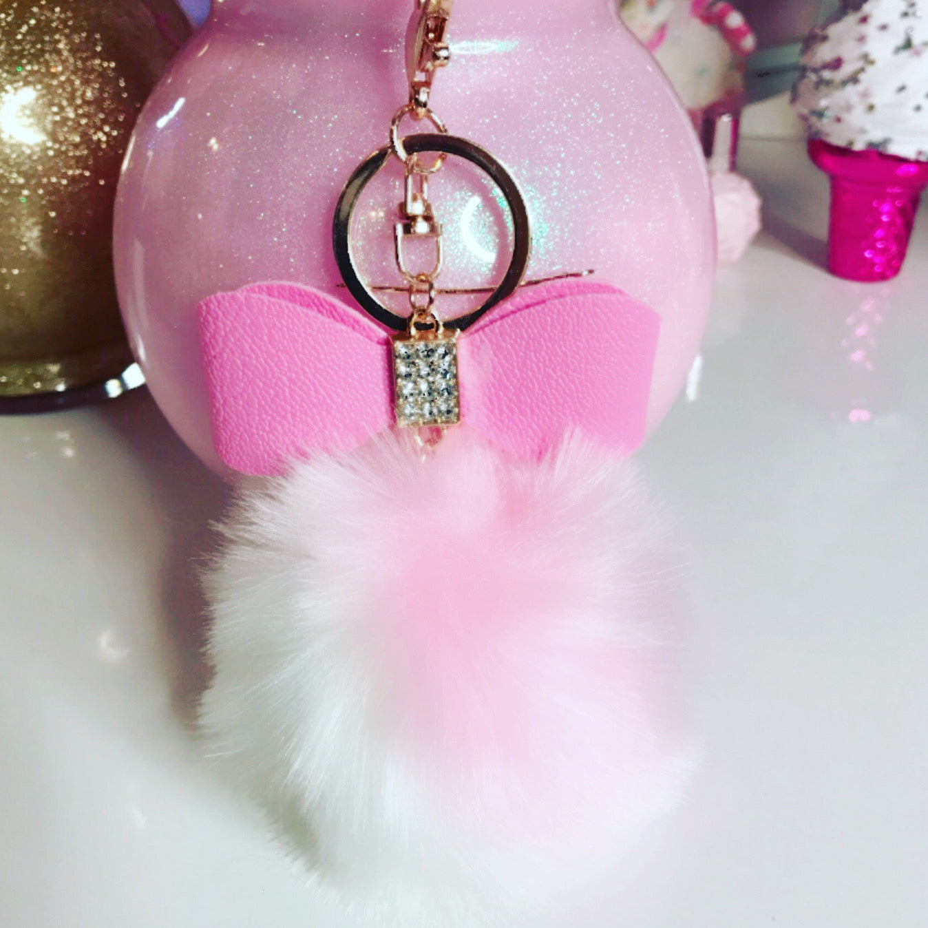 Pink White bow pom pom bag charm