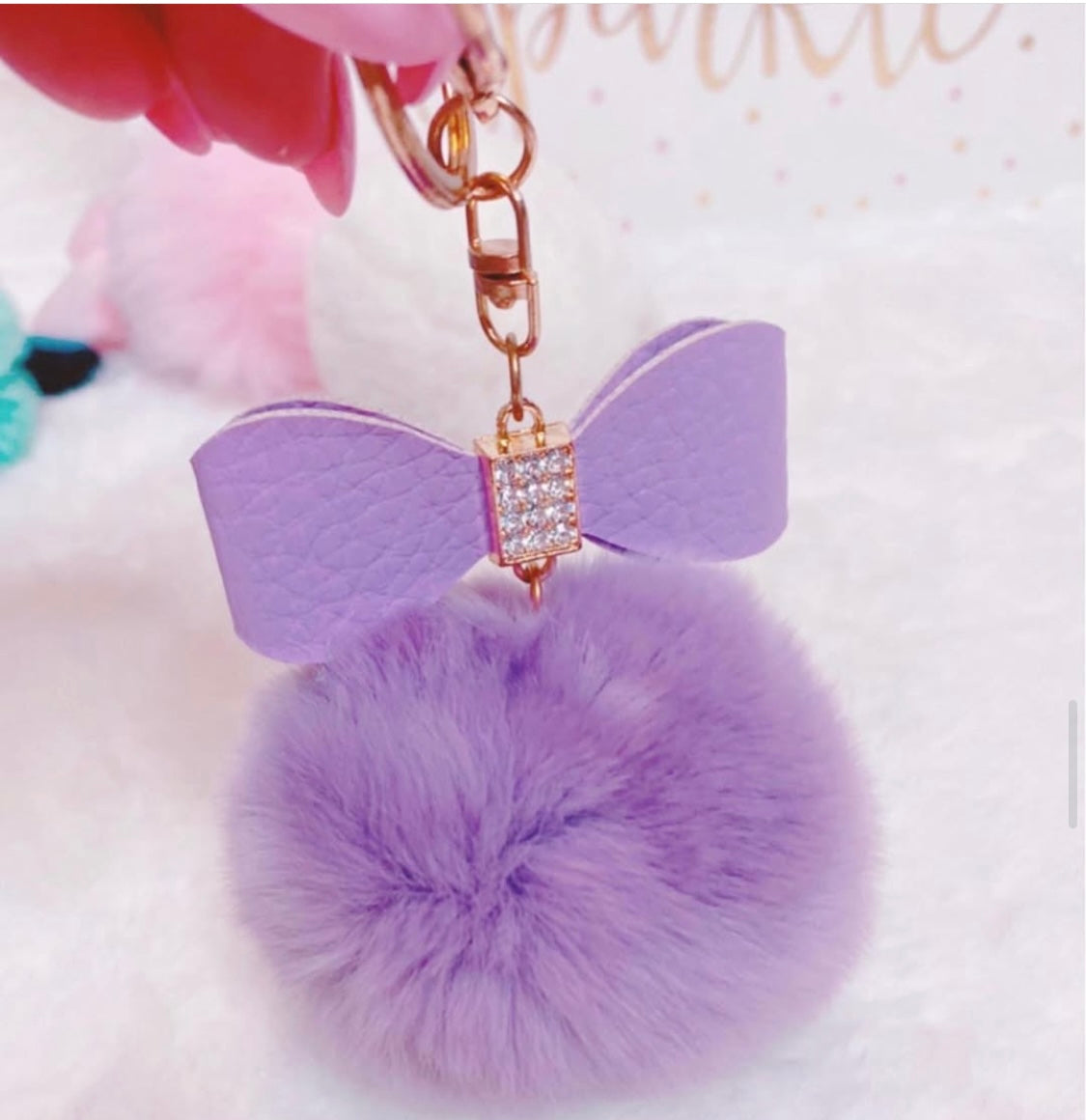 Lilac bow pom pom bag charm