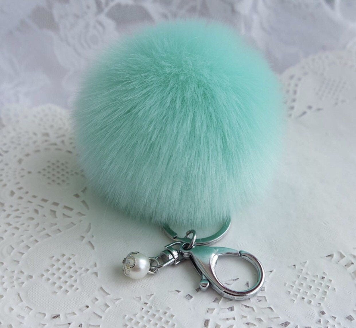 Teal Pearl pom pom bag charm